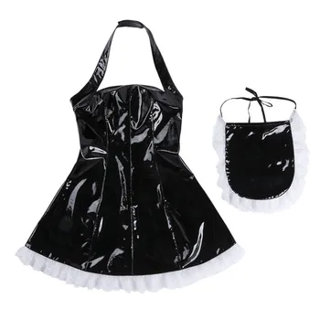 3Pcs Moda Femei pe Piele de Brevet Maid Dress Cosplay Costum Servitoare Tinutele Halter Rochie cu Sort si Inel de Gât