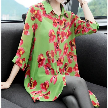 Primavara-Vara Pentru Femei De Moda Femael Liber Maneca 3/4 Floare Verde Cu Imprimeu Bluza Șifon Bluze , Femei Bluza Cardigan Bluze Top