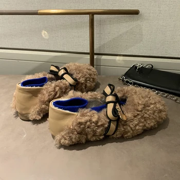 Blana naturala Balerini Femei Interioară Acasă Pantofi Cu Fluture Nod Femei de Casa Pantofi de Pluș Pufos Mocasini 2020 Lux cu Stil Șic
