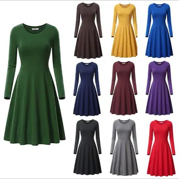 Noua Moda pentru femei clothhing rochii de culoare Solidă rotund O - decolteu larg în vrac cu maneci lungi de toamnă și de iarnă rochie Casual