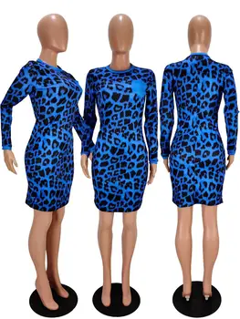 Nouă Femei Maneca Lunga Bodycon Rochie Mini Sexy Leopard de Imprimare Buzunare O-gât Rochii