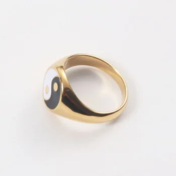 Yin yang signet inel pentru femei din oțel inoxidabil de culoare de aur unic email inel alb negru