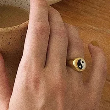 Yin yang signet inel pentru femei din oțel inoxidabil de culoare de aur unic email inel alb negru