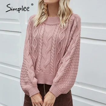 Simplee roz solide femei tricotaje de iarna 2020 pulover pulover pulovere lantern maneca pulovere plus dimensiune gol afară pulover