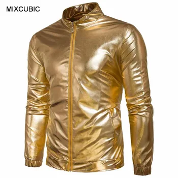 MIXCUBIC 2017 Toamna Anglia stil Cluburi de noapte de aur Lucios jachete paltoane barbati casual slim Argintiu Lucios jachete,marimea S-XXL