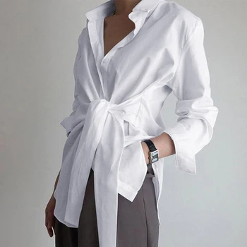 Tricouri Arc Legat Vara Toamna Doamnelor Alb Cu Maneci Lungi Buton-Up Bluza Lunga Topuri Femeile 2020 Supradimensionate Plus Dimensiune Haine De Moda