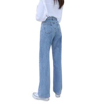 Femei Personalitate De Moda Blugi Talie Mare Largi Picior Lungime Completă Blugi Denim Îmbrăcăminte Albastru Vrac Streetwear Blugi Drepte Pantaloni