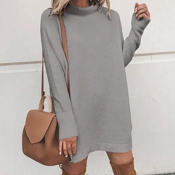Toamna Iarna Solidă Pulover Tricotate Rochii Largi Long Sleeve Mock Neck Pulover Tricot Pulover Femei Rochie Din Tricot Vestidos