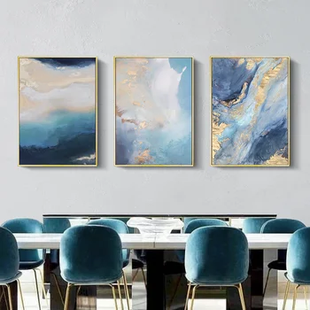 Rezumat Folie De Aur Poster Albastru Ocean Peisaj Nordic Arta De Perete Imagini De Imprimare Canvas Tablou Modern Living Decorul Camerei