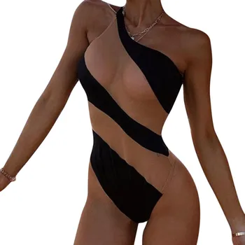 2020 Femei cu Dungi Plasă de Cusaturi de Contrast de Culoare Bikini Beach-O bucată de costume de Baie de Vară pe Un Umăr Mozaic