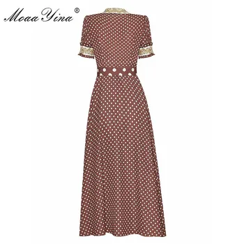 MoaaYina Designer de Moda rochie de Vara Rochie de Femei de Aur Linia Broderie guler de turn-down Puncte Vintage lace-up Slim Rochii