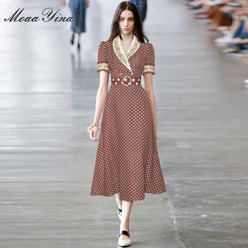 MoaaYina Designer de Moda rochie de Vara Rochie de Femei de Aur Linia Broderie guler de turn-down Puncte Vintage lace-up Slim Rochii