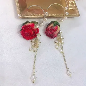 1Pair Naturale, Flori Uscate Cercei Imitație Pearl Red Rose Petal Drop Cercel Partid Real de Flori Uscate de Bijuterii Cadouri Pentru Femei