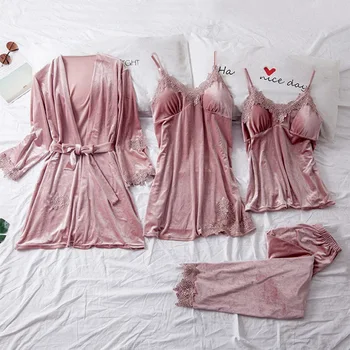 Iarna Catifea Set de Pijama pentru Femei Moale Ține de Cald Sexy Sleepwear 4buc Complet Maneca Curea camasa de noapte, Halat de Baie Lenjerie Costum
