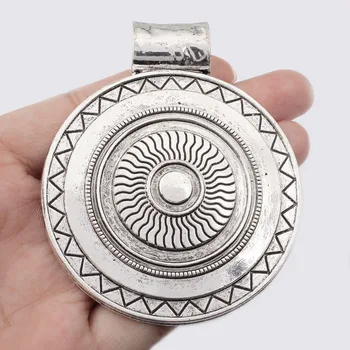 2 buc Argint Tibetan Mare Bohemia Boho Medalion Sculptat Val Rotund Charm Pandantiv Pentru DIY Colier Face Constatări 63.5x77mm