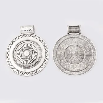 2 buc Argint Tibetan Mare Bohemia Boho Medalion Sculptat Val Rotund Charm Pandantiv Pentru DIY Colier Face Constatări 63.5x77mm