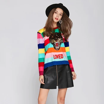 2018 Pista de Designer de Iarnă Pulover Femei Broderie Flori Tigru Rainbow Stripe Tricotate Pulover Casual Jumper pull femme