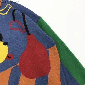 2020 Primăvară Nouă Femei Desene Animate Broderie Maneca Lunga Pulover Tricotate Lovit De Mozaic De Culoare Pulover Vrac Topuri