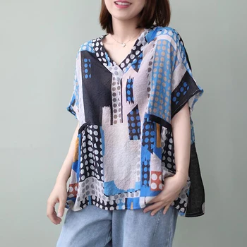 De Vară 2020 Nou Stil de Arte Femei Maneci Scurte Largi Casual V-neck Shirt Print Vintage Bluze Topuri Femme Subțire Blusa M123