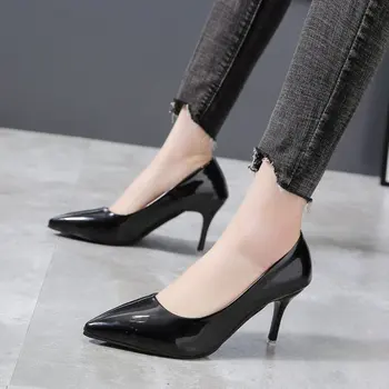 Plus Dimensiune Pu Piele Femei Pompe Noi de Moda Sexy Degetul Ascutit Superficial Pantofi de Femeie Tocuri inalte Petrecere Black Red 8CM Vara