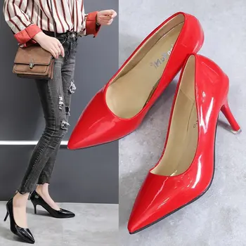 Plus Dimensiune Pu Piele Femei Pompe Noi de Moda Sexy Degetul Ascutit Superficial Pantofi de Femeie Tocuri inalte Petrecere Black Red 8CM Vara