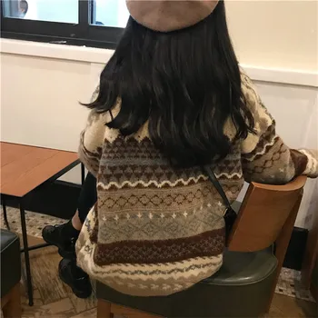 Retro pulover vrac diamante jacquard tricotate pulover îngroșat de sex feminin 2020 toamna și iarna elevii leneși stil pulover