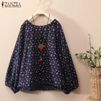 ZANZEA Femei de Primăvară Maneca Lunga Bluza Retro Femei Florale Imprimate Lenjerie de pat din Bumbac Tricou Casual Vrac Top Blusas Plus Dimensiune