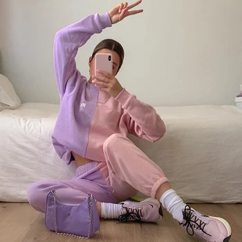 Femei Roz Violet Mozaic Două Bucata Set Trening cu Maneca Lunga Bluze și pantaloni de Trening Largi Fahion Toamna Iarna Streetwear