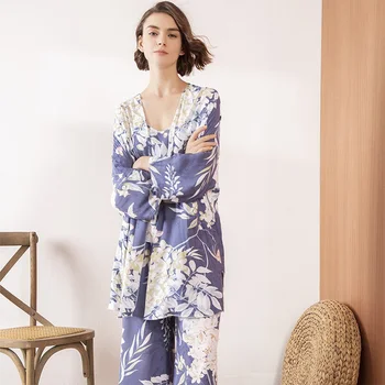 3Pcs Moale Set Pijama Pentru Femei Pijamale Roz Imprimate Florale Frunze Cardigan+Salopeta+Pantaloni Homewear 2020 Primavara-Vara Pijamale