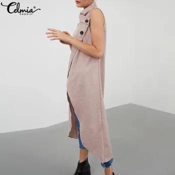 Celmia Vara De Lungă Fără Mâneci Bluze Femei Plus Dimensiune Topuri Asimetrice 2019 Sexy Inalta Split Butoane Tricouri Casual Liber Blusas