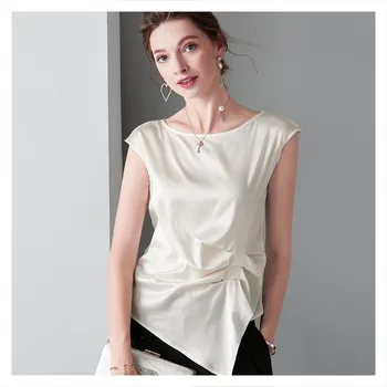 Cutat Talie Vrac Subțire de Mătase, tricou Femei off-Neck fără Mâneci Neregulate Top de Mătase pentru Femei 2020 Moda Stil Nou