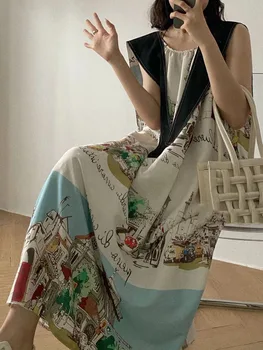 Contrastul de culoare rever sling retro 3D de imprimare vrac sling femei rochie de vară costum din două piese 2020ladies vara noi de moda rochie