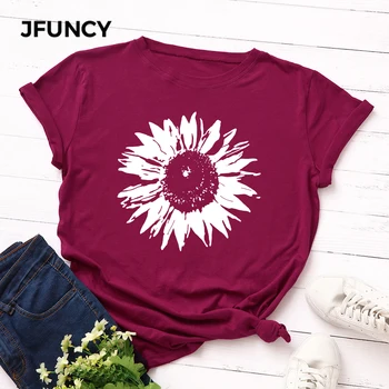 JFUNCY Plus Dimensiune S-5XL Femei T-shirt Femei Maneci Scurte Tee Topuri cu Flori Imprimate Femeie Casual Tricou de Vară 2020 Bumbac Tricou