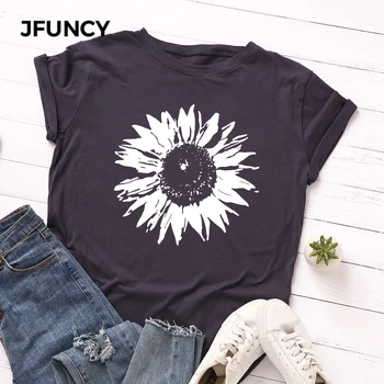 JFUNCY Plus Dimensiune S-5XL Femei T-shirt Femei Maneci Scurte Tee Topuri cu Flori Imprimate Femeie Casual Tricou de Vară 2020 Bumbac Tricou