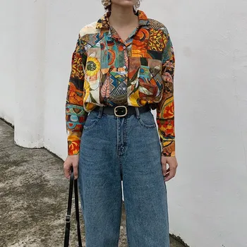 Femei Retro Floarea-soarelui Imprimare Tricou Pictură în Ulei de Design de Imprimare Bluza Fata Vrac Rever Topuri și Bluze de Toamna de sex Feminin 2020 Nou