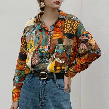 Femei Retro Floarea-soarelui Imprimare Tricou Pictură în Ulei de Design de Imprimare Bluza Fata Vrac Rever Topuri și Bluze de Toamna de sex Feminin 2020 Nou