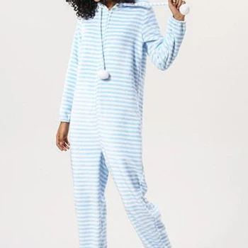 Drăguț Albastru Femeile Flanel Pijamale Pijama Kigurumi Confortabil, Cald Și Moale Pijamale În Dungi Casual Cu Glugă Homewear Îmbrăcăminte De Noapte
