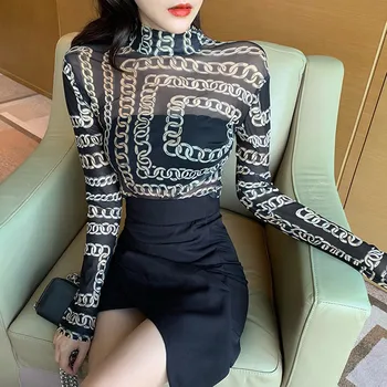 Coreeană Sexy Ochiurilor T-Shirt Femei de Moda a se Vedea-prin intermediul Tricouri Femei Lanț Subțire Tipărite Maneca Lunga Slim Tricou Topuri
