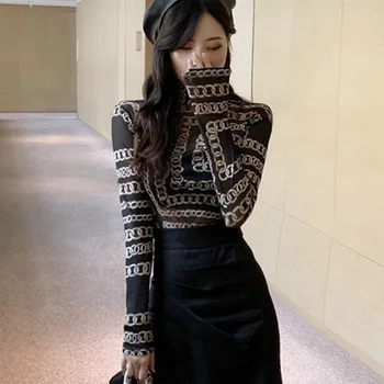 Coreeană Sexy Ochiurilor T-Shirt Femei de Moda a se Vedea-prin intermediul Tricouri Femei Lanț Subțire Tipărite Maneca Lunga Slim Tricou Topuri