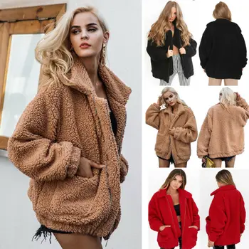 Goowrom Faux Blana Femei 2019 Toamna Iarna Cald Gros de Lână Moale Buzunar cu Fermoar Exterioare Palton Teddy Bear haina