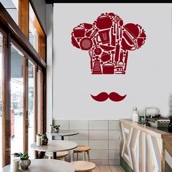 Bucătărie De Gătit Bucătar-Șef Francez Pălărie Design Autocolant Perete Mustață Oale Și Tigăi Decor Rece Pentru Restaurante Vinil Decal Murală 3865