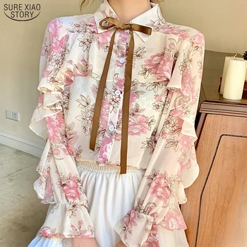Florale Imprimare Șifon Tricouri Femei Cardigan Volane Bluze 2021 Puf De Toamna Cu Maneci Lungi Doamnelor Coreeană Topuri Blusas Mujer 10449