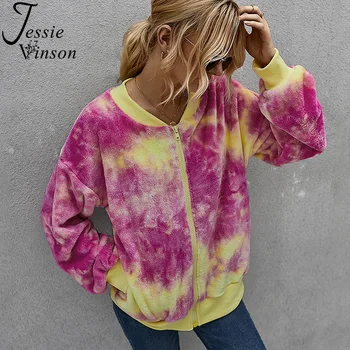 Jessie Vinson Chic Tye Dye Print Fleece Geaca Pentru Femei Casual Cu Fermoar Tricou Femeie Sacou De Catifea Cald Blana Scurta Uza De Iarnă