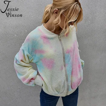 Jessie Vinson Chic Tye Dye Print Fleece Geaca Pentru Femei Casual Cu Fermoar Tricou Femeie Sacou De Catifea Cald Blana Scurta Uza De Iarnă