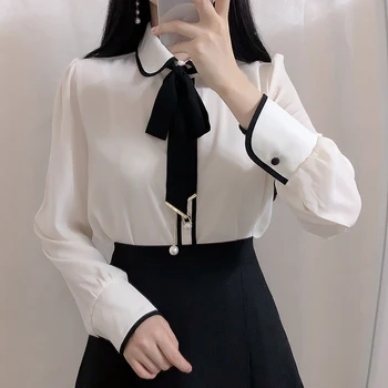 2020 Primavara-Vara Papion Drăguț Topuri Femei Maneca Lunga Coreea Japonez Stil Preppy Formale Buton Alb Tricouri Bluza 1221