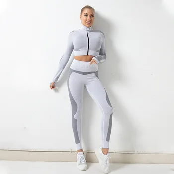Femei Yoga 2 buc Treninguri de Înaltă Talie Jambiere Sport Mâneci Lungi Culturilor Sus Ziper Sacou Haina Evacuări de Fitness Sportwears Set