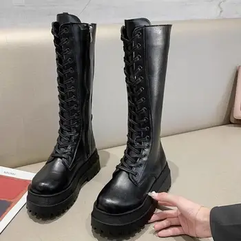 Femei Cizme de Luptă Antumn 2020 Feminin Platformă Înaltă Gotic Pantofi Cizme Negre din Piele Dantela-up pentru Femei Cizme Genunchi Ridicat