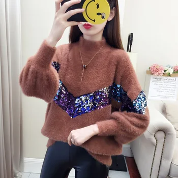 Femeile Sequin Pulovere Bling Bling Mohair Pulover Tricotate O-gât Toamna&Iarna Casual cu Mâneci Lungi Tricotaje Femeie Jumper SW005