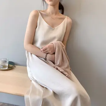 Vintage Din Satin Solidă Rochie Femei 2020 Elegante Lungi Rochii Sexy De Vara Toamna Anului 2020 Coreean Doamna Vestidos J005