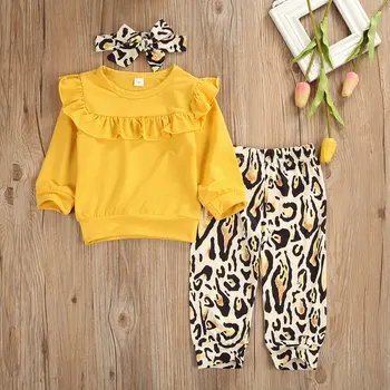 3PCS Toddler Copii Baby Girl Haine cu Maneca Lunga Zburli Topuri tricou Galben Leopard Pantaloni Costume de Trening 1 5 Ani